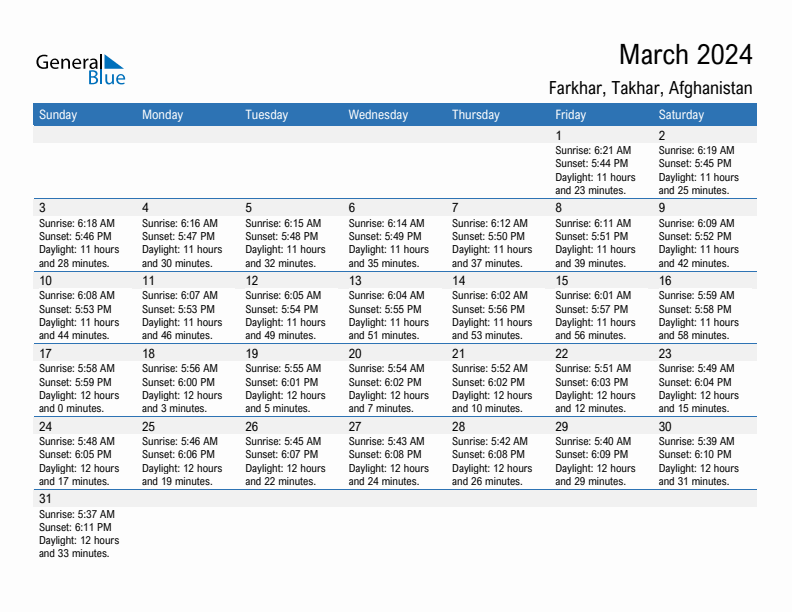 Farkhar March 2024 sunrise and sunset calendar in PDF, Excel, and Word