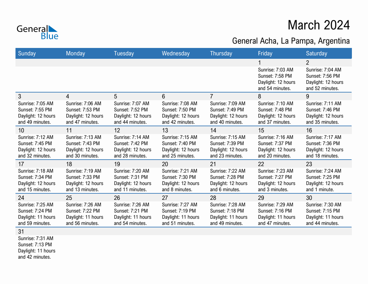 March 2024 sunrise and sunset calendar for General Acha