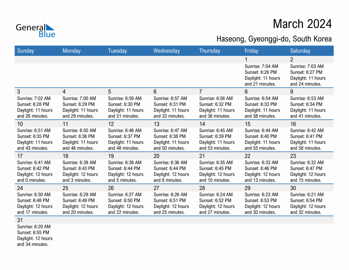 March 2024 sunrise and sunset calendar for Haseong