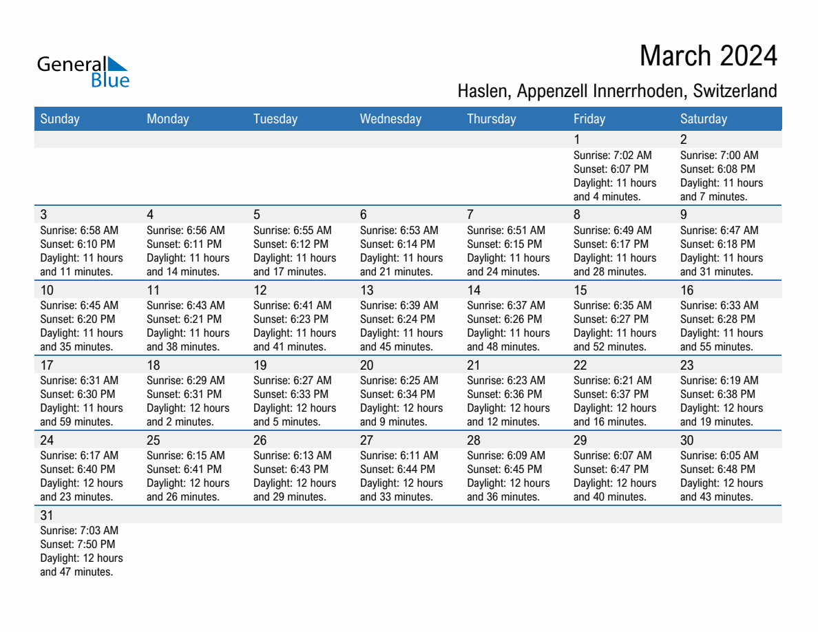 March 2024 sunrise and sunset calendar for Haslen