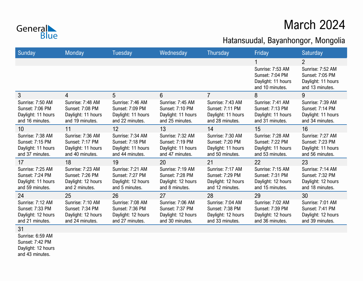 March 2024 sunrise and sunset calendar for Hatansuudal