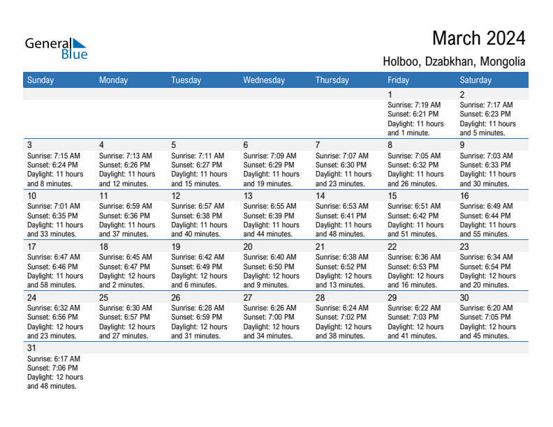 Holboo March 2024 sunrise and sunset calendar in PDF, Excel, and Word
