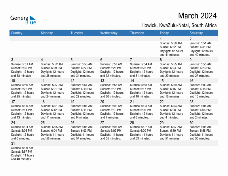 Howick March 2024 sunrise and sunset calendar in PDF, Excel, and Word