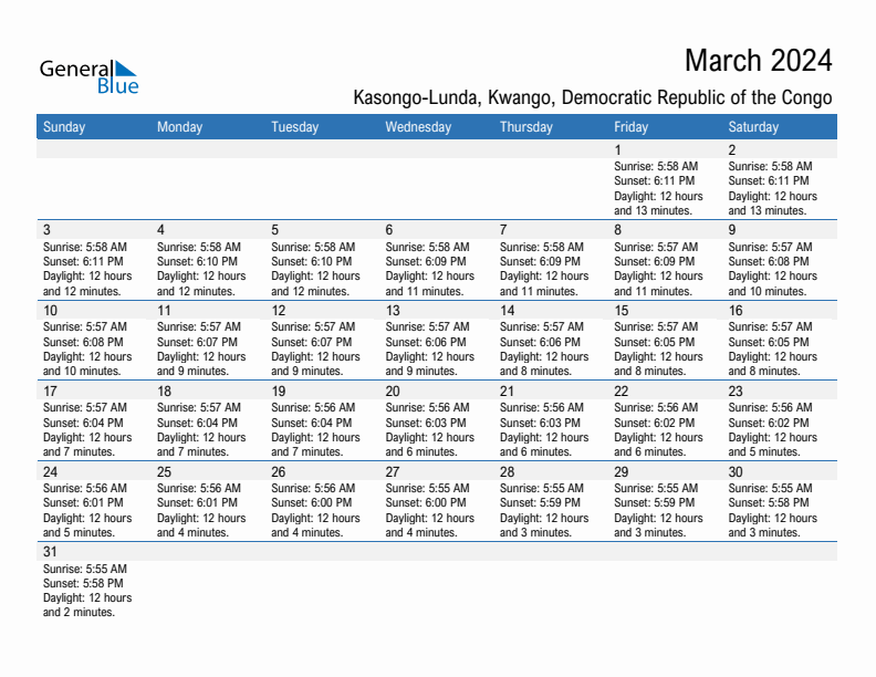 Kasongo-Lunda March 2024 sunrise and sunset calendar in PDF, Excel, and Word