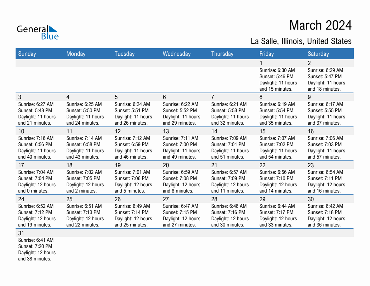 March 2024 Sunrise and Sunset Calendar for La Salle (PDF, Excel, Word)