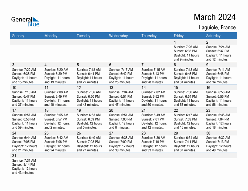 Laguiole March 2024 sunrise and sunset calendar in PDF, Excel, and Word