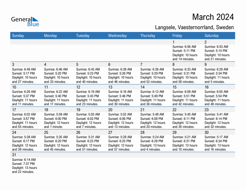 Langsele March 2024 sunrise and sunset calendar in PDF, Excel, and Word