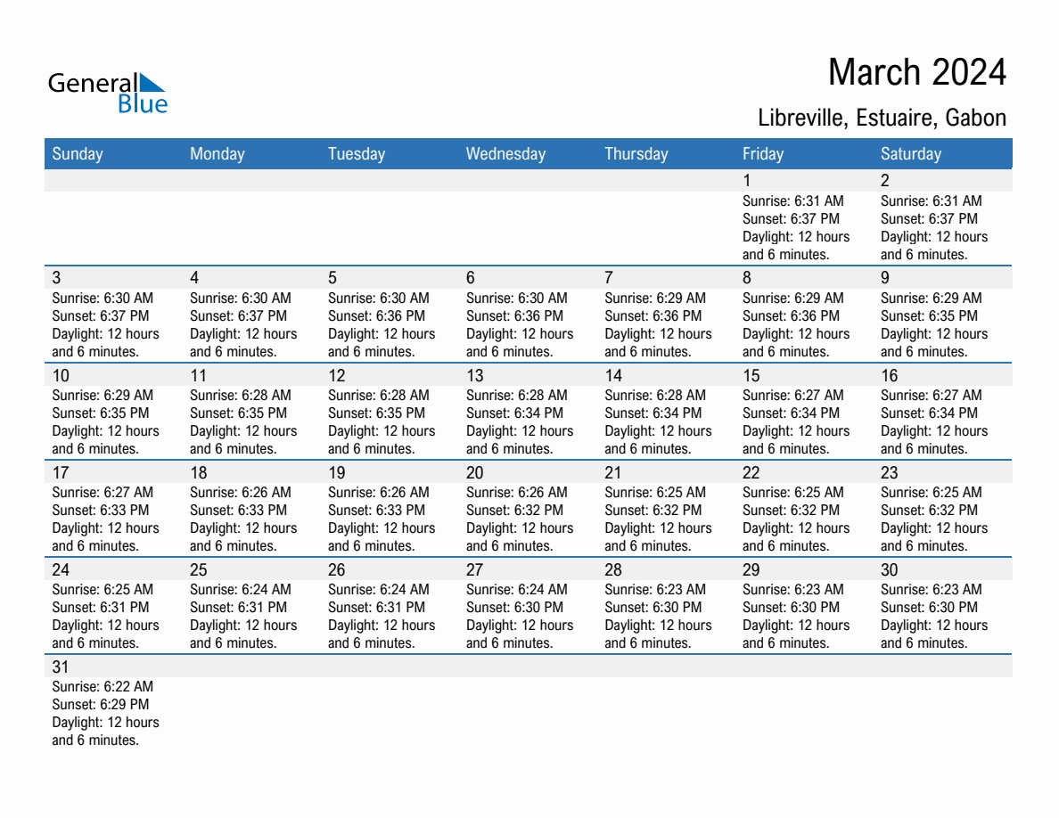 March 2024 sunrise and sunset calendar for Libreville