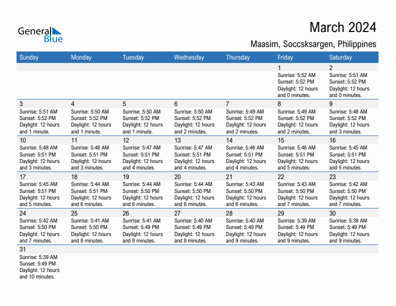 Maasim March 2024 sunrise and sunset calendar in PDF, Excel, and Word