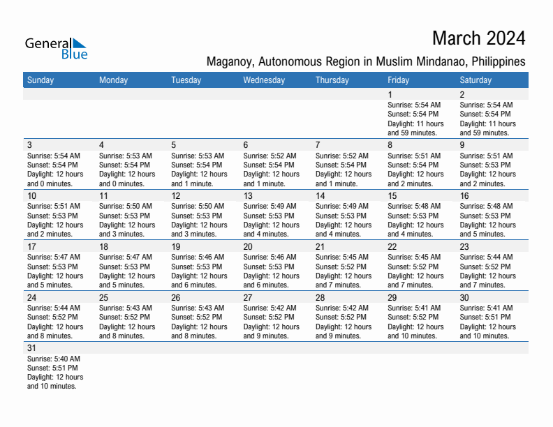Maganoy March 2024 sunrise and sunset calendar in PDF, Excel, and Word