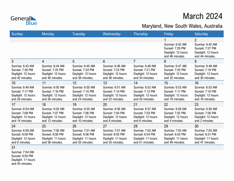 Maryland March 2024 sunrise and sunset calendar in PDF, Excel, and Word