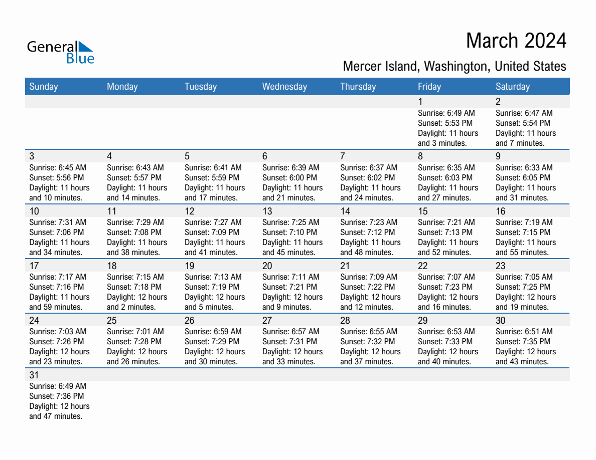 March 2024 Sunrise and Sunset Calendar for Mercer Island (PDF, Excel, Word)