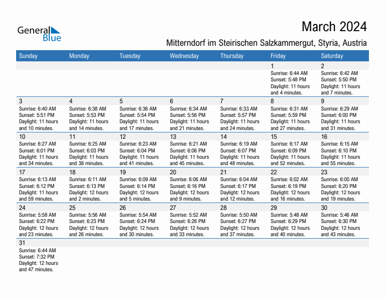 Mitterndorf im Steirischen Salzkammergut March 2024 sunrise and sunset calendar in PDF, Excel, and Word