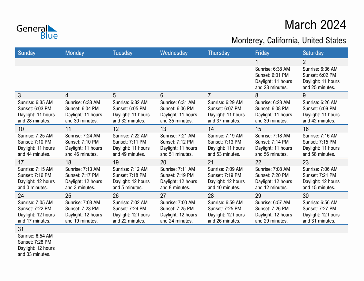 March 2024 Sunrise and Sunset Calendar for Monterey (PDF, Excel, Word)