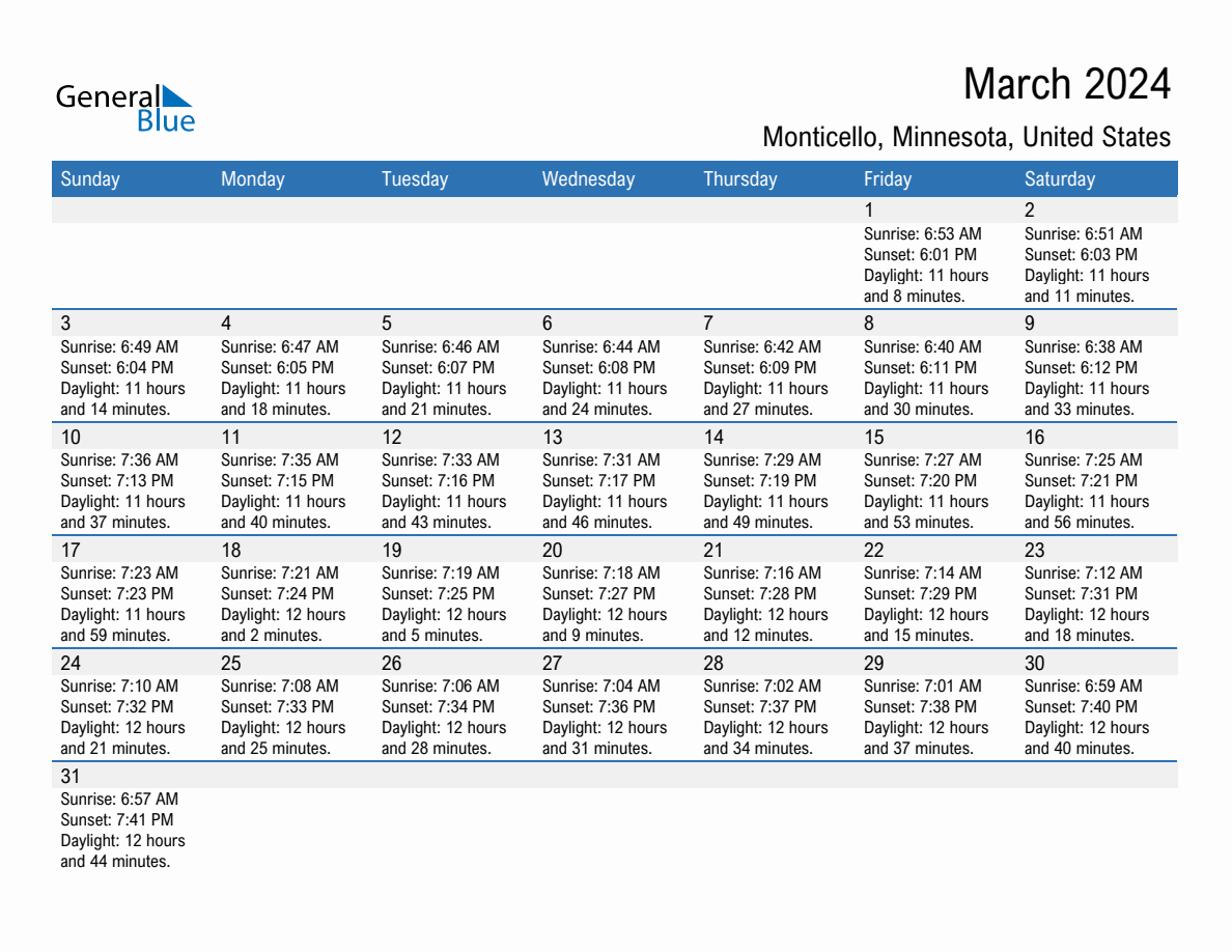 March 2024 Sunrise and Sunset Calendar for Monticello (PDF, Excel, Word)