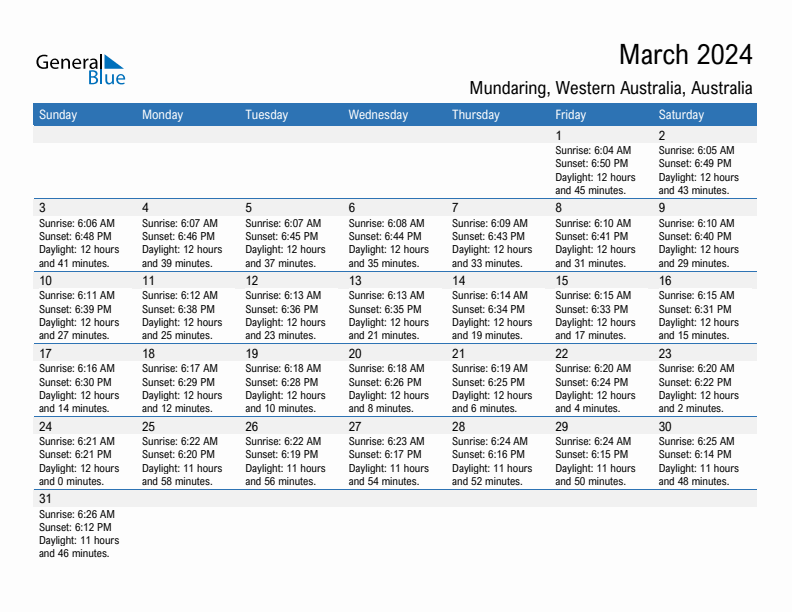 Mundaring March 2024 sunrise and sunset calendar in PDF, Excel, and Word