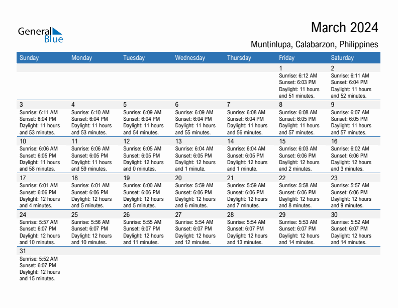 Muntinlupa March 2024 sunrise and sunset calendar in PDF, Excel, and Word