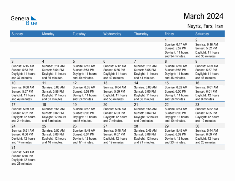 Neyriz March 2024 sunrise and sunset calendar in PDF, Excel, and Word