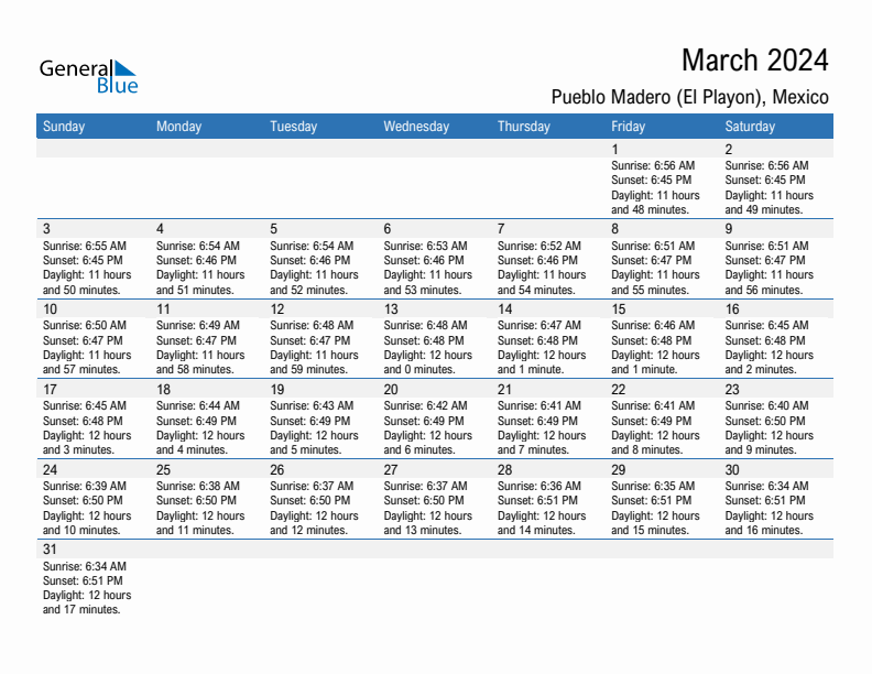 Pueblo Madero (El Playon) March 2024 sunrise and sunset calendar in PDF, Excel, and Word