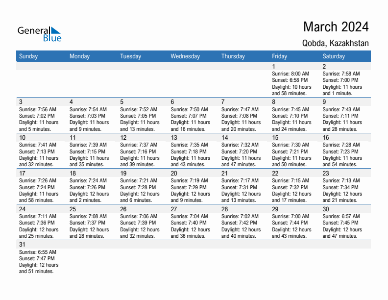 Qobda March 2024 sunrise and sunset calendar in PDF, Excel, and Word