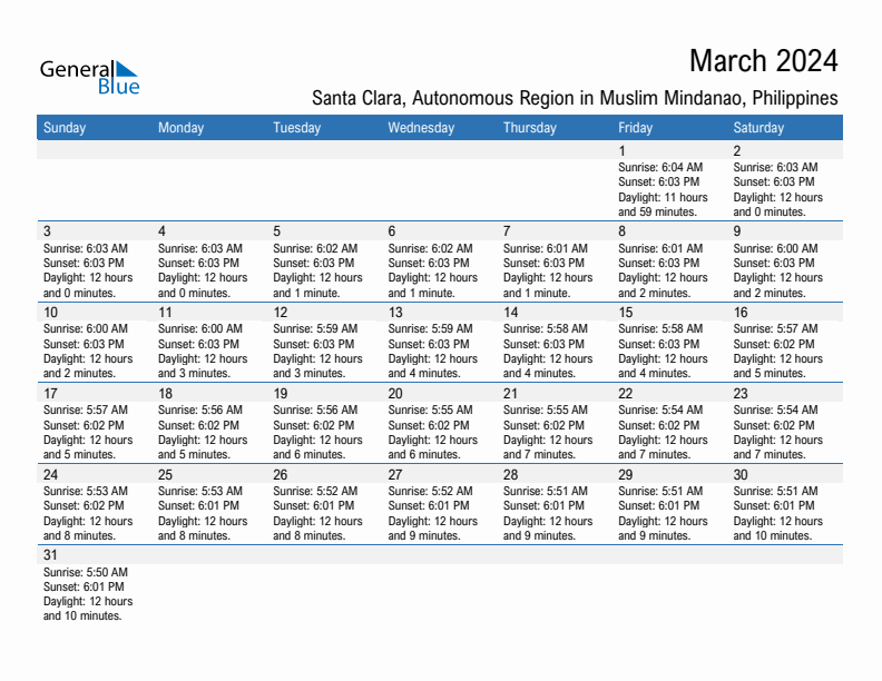 Santa Clara March 2024 sunrise and sunset calendar in PDF, Excel, and Word