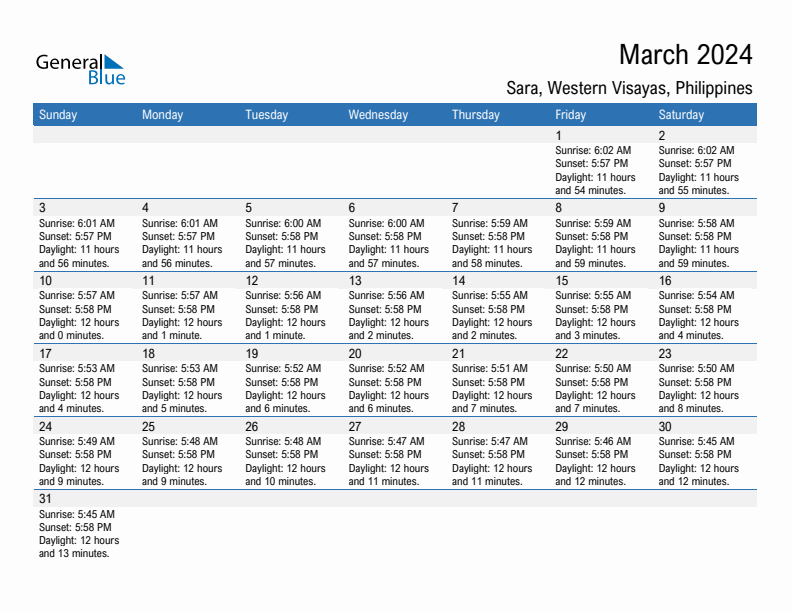 Sara March 2024 sunrise and sunset calendar in PDF, Excel, and Word