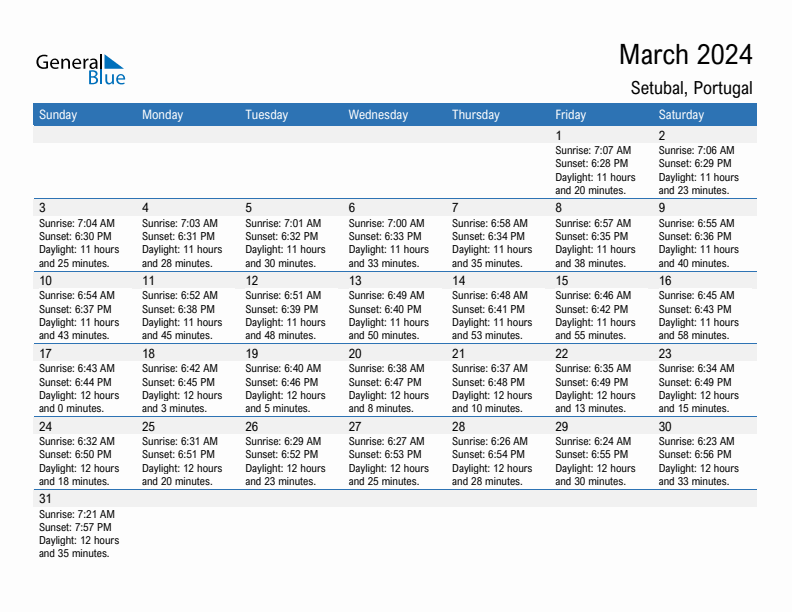 March 2024 Sunrise and Sunset Calendar for Setubal (PDF, Excel, Word)