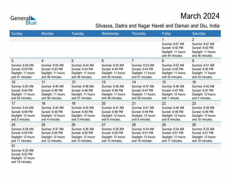 Silvassa March 2024 sunrise and sunset calendar in PDF, Excel, and Word