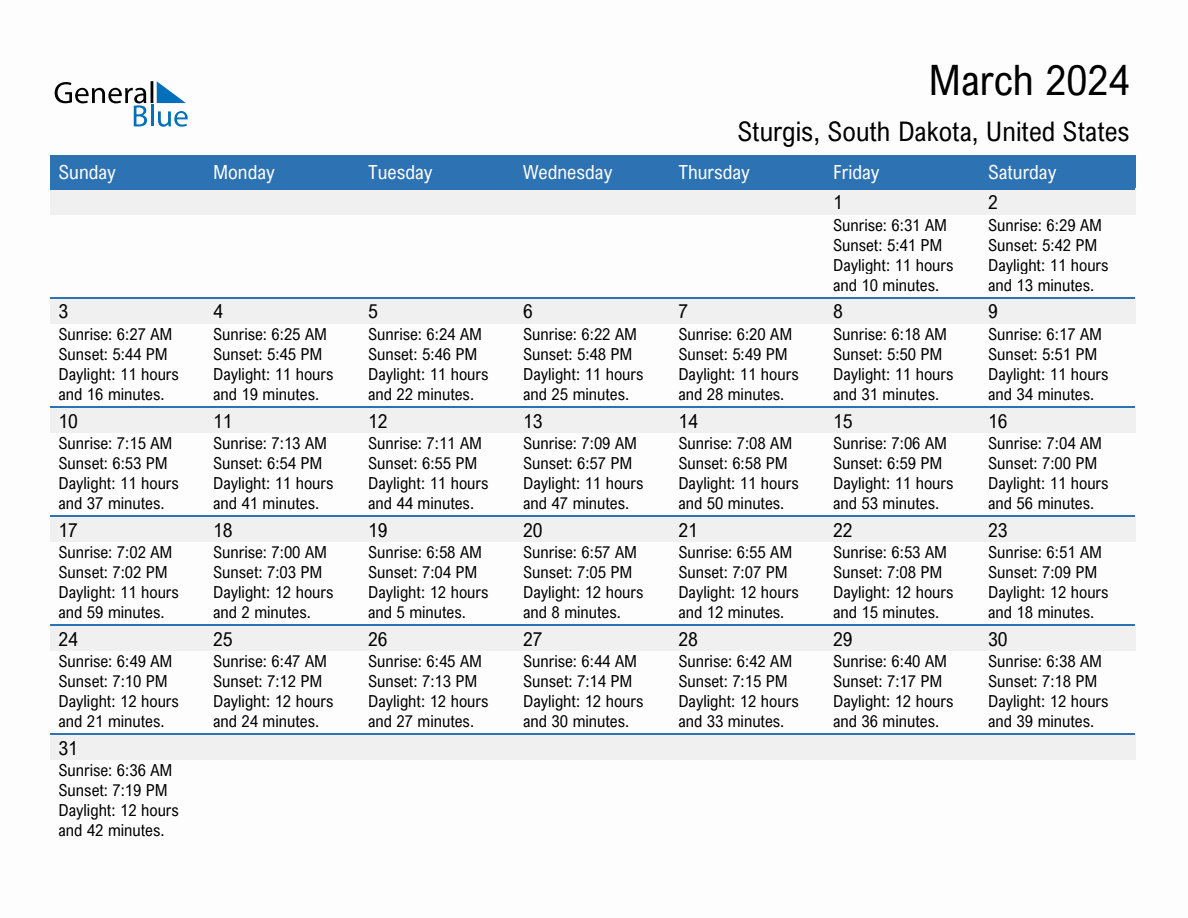 March 2024 Sunrise and Sunset Calendar for Sturgis (PDF, Excel, Word)