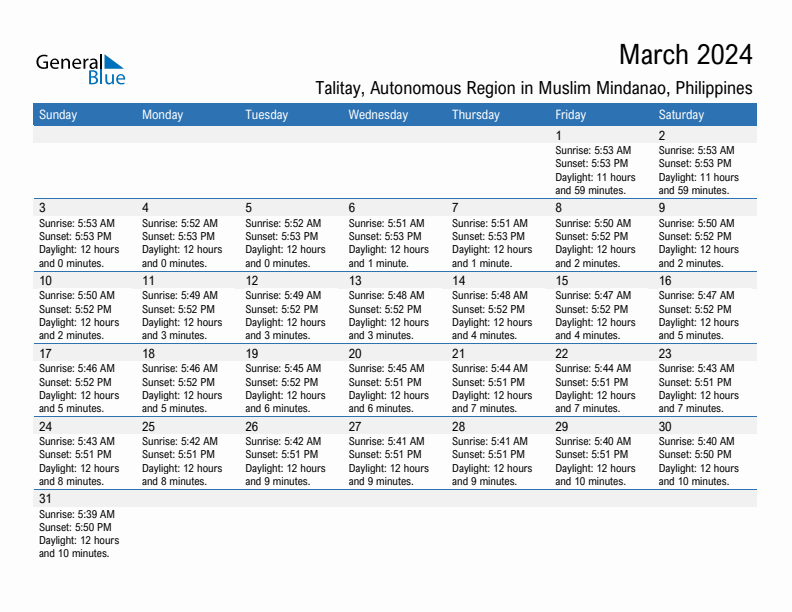 Talitay March 2024 sunrise and sunset calendar in PDF, Excel, and Word