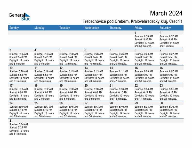 Trebechovice pod Orebem March 2024 sunrise and sunset calendar in PDF, Excel, and Word