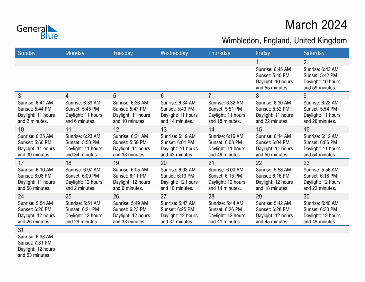 March 2024 Sunrise and Sunset Calendar for Wimbledon (PDF, Excel, Word)