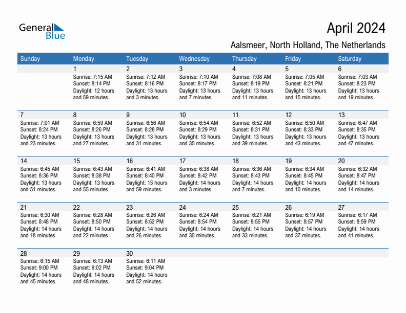 Aalsmeer April 2024 sunrise and sunset calendar in PDF, Excel, and Word