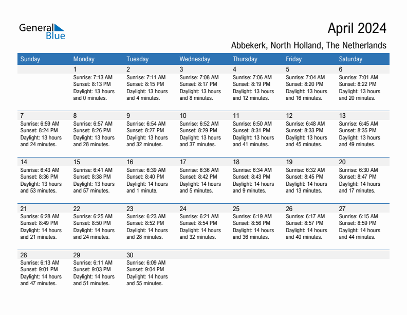 Abbekerk April 2024 sunrise and sunset calendar in PDF, Excel, and Word