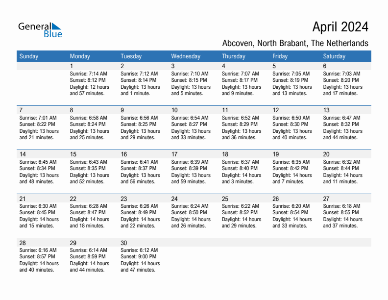 Abcoven April 2024 sunrise and sunset calendar in PDF, Excel, and Word