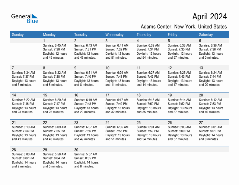 Adams Center April 2024 sunrise and sunset calendar in PDF, Excel, and Word