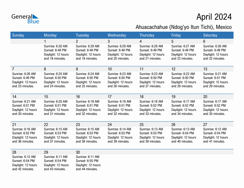 Ahuacachahue (Ndog'yo Itun Tichi) April 2024 sunrise and sunset calendar in PDF, Excel, and Word