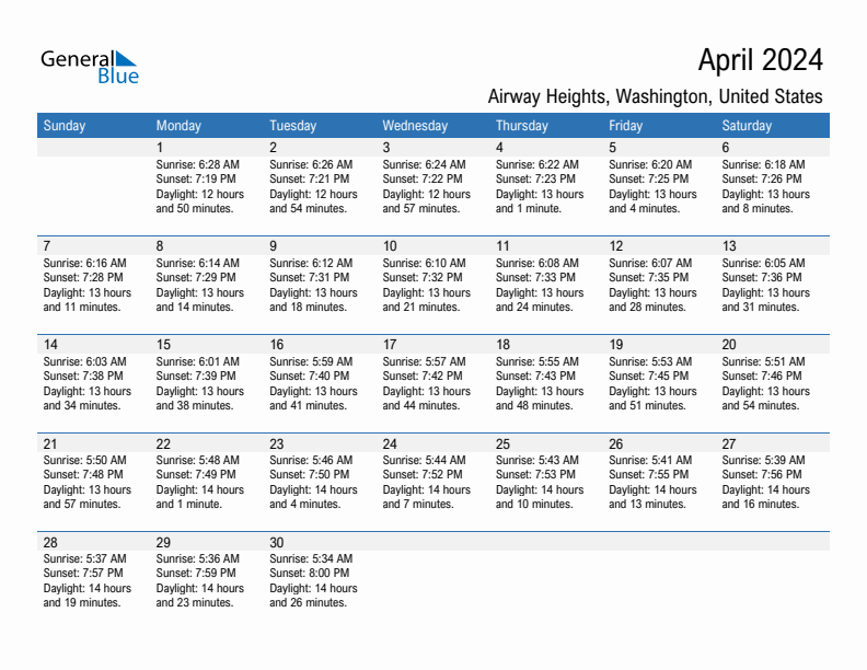 Airway Heights April 2024 sunrise and sunset calendar in PDF, Excel, and Word