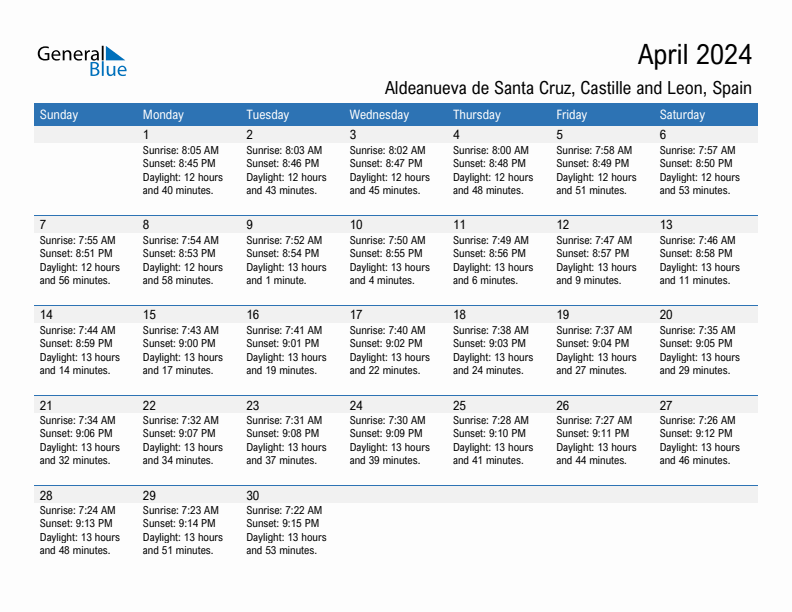 Aldeanueva de Santa Cruz April 2024 sunrise and sunset calendar in PDF, Excel, and Word