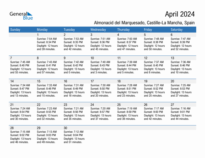 Almonacid del Marquesado April 2024 sunrise and sunset calendar in PDF, Excel, and Word