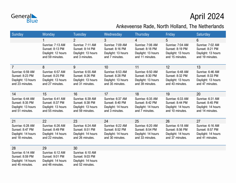 Ankeveense Rade April 2024 sunrise and sunset calendar in PDF, Excel, and Word