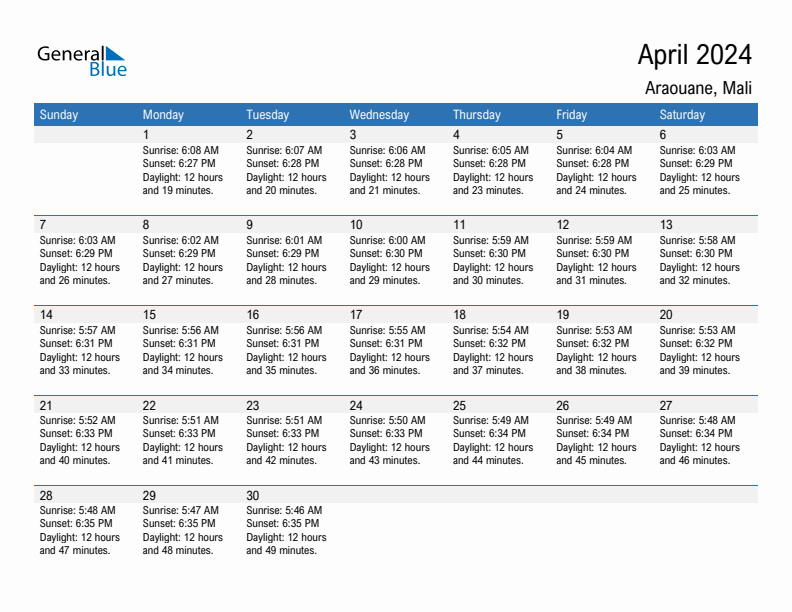 Araouane April 2024 sunrise and sunset calendar in PDF, Excel, and Word