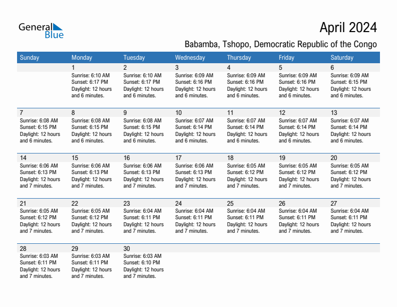 Babamba April 2024 sunrise and sunset calendar in PDF, Excel, and Word