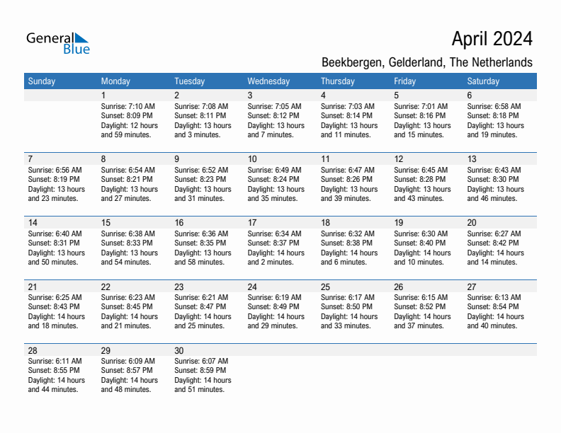 Beekbergen April 2024 sunrise and sunset calendar in PDF, Excel, and Word