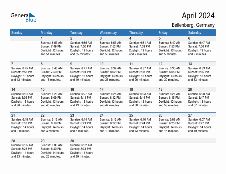 Bellenberg April 2024 sunrise and sunset calendar in PDF, Excel, and Word