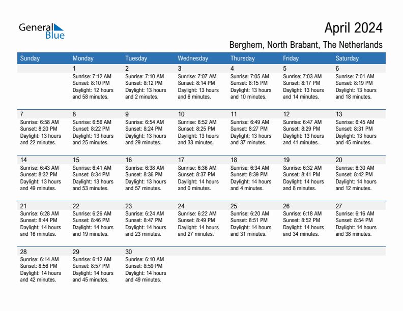 Berghem April 2024 sunrise and sunset calendar in PDF, Excel, and Word