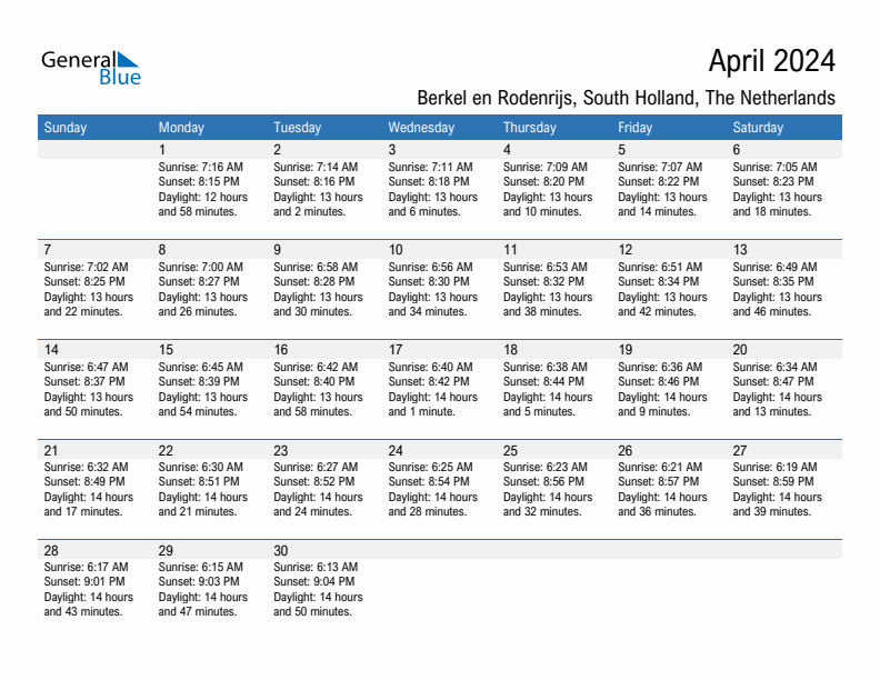 Berkel en Rodenrijs April 2024 sunrise and sunset calendar in PDF, Excel, and Word