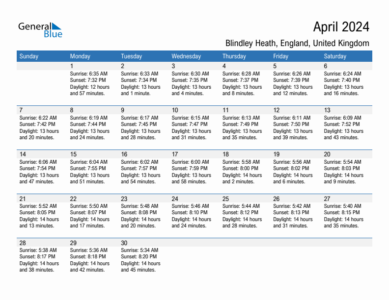 Blindley Heath April 2024 sunrise and sunset calendar in PDF, Excel, and Word