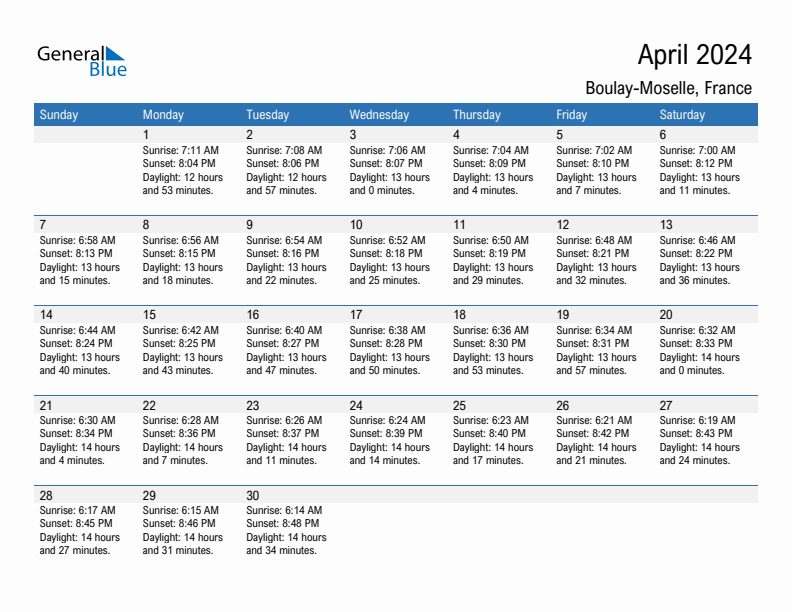 Boulay-Moselle April 2024 sunrise and sunset calendar in PDF, Excel, and Word