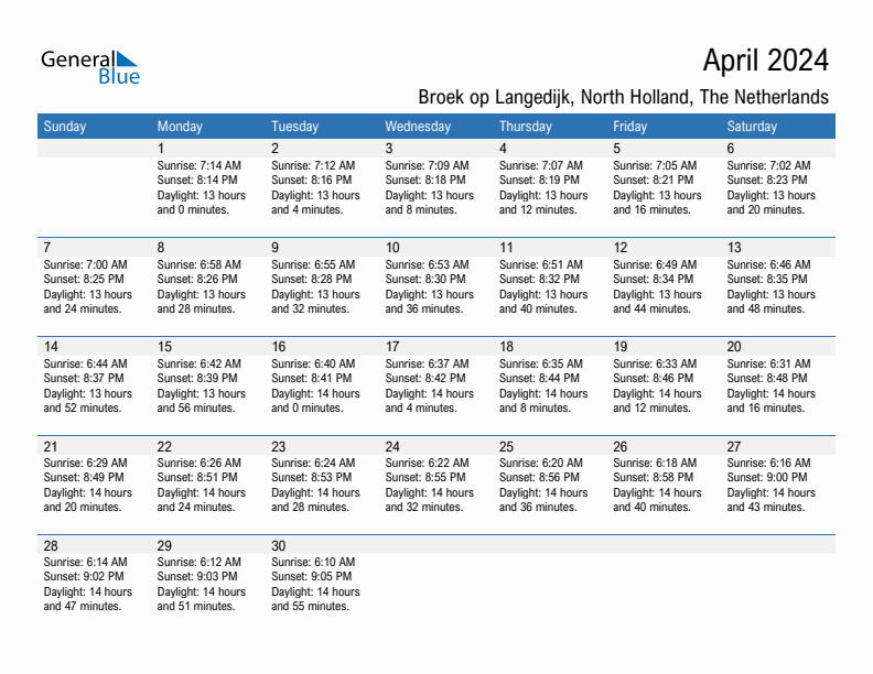 Broek op Langedijk April 2024 sunrise and sunset calendar in PDF, Excel, and Word